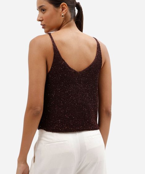 regata cropped feminina de tricot com paetê marrom