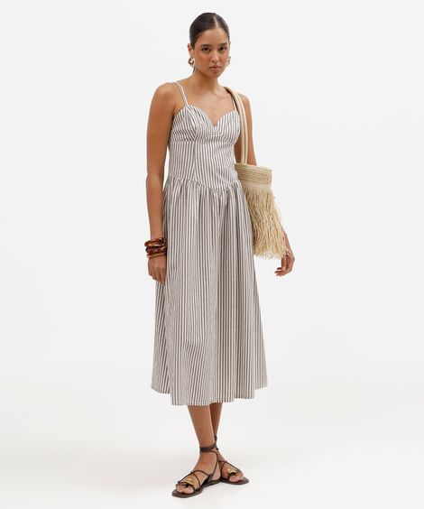 vestido midi feminino de algodão decote coração alça fina listrado marrom