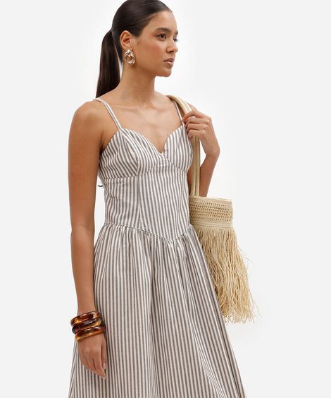 vestido midi feminino de algodão decote coração alça fina listrado marrom