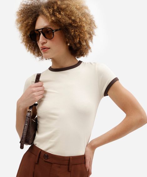 blusa baby look feminina de algodão manga curta básica bege