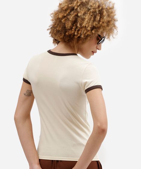 blusa baby look feminina de algodão manga curta básica bege
