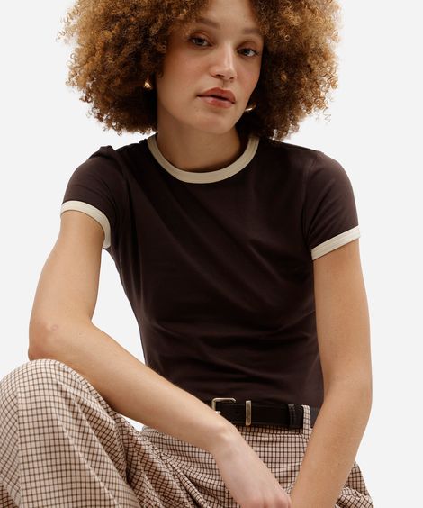 blusa baby look feminina de algodão manga curta básica marrom