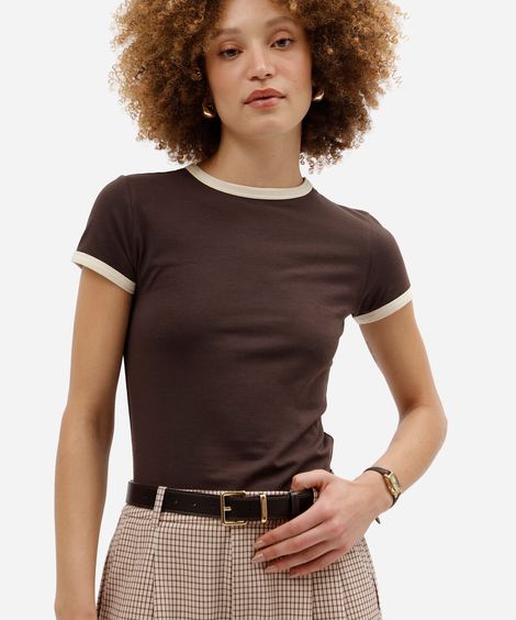 blusa baby look feminina de algodão manga curta básica marrom