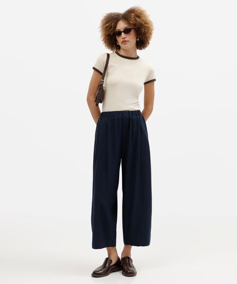 calça balloon feminina com linho cós elástico azul