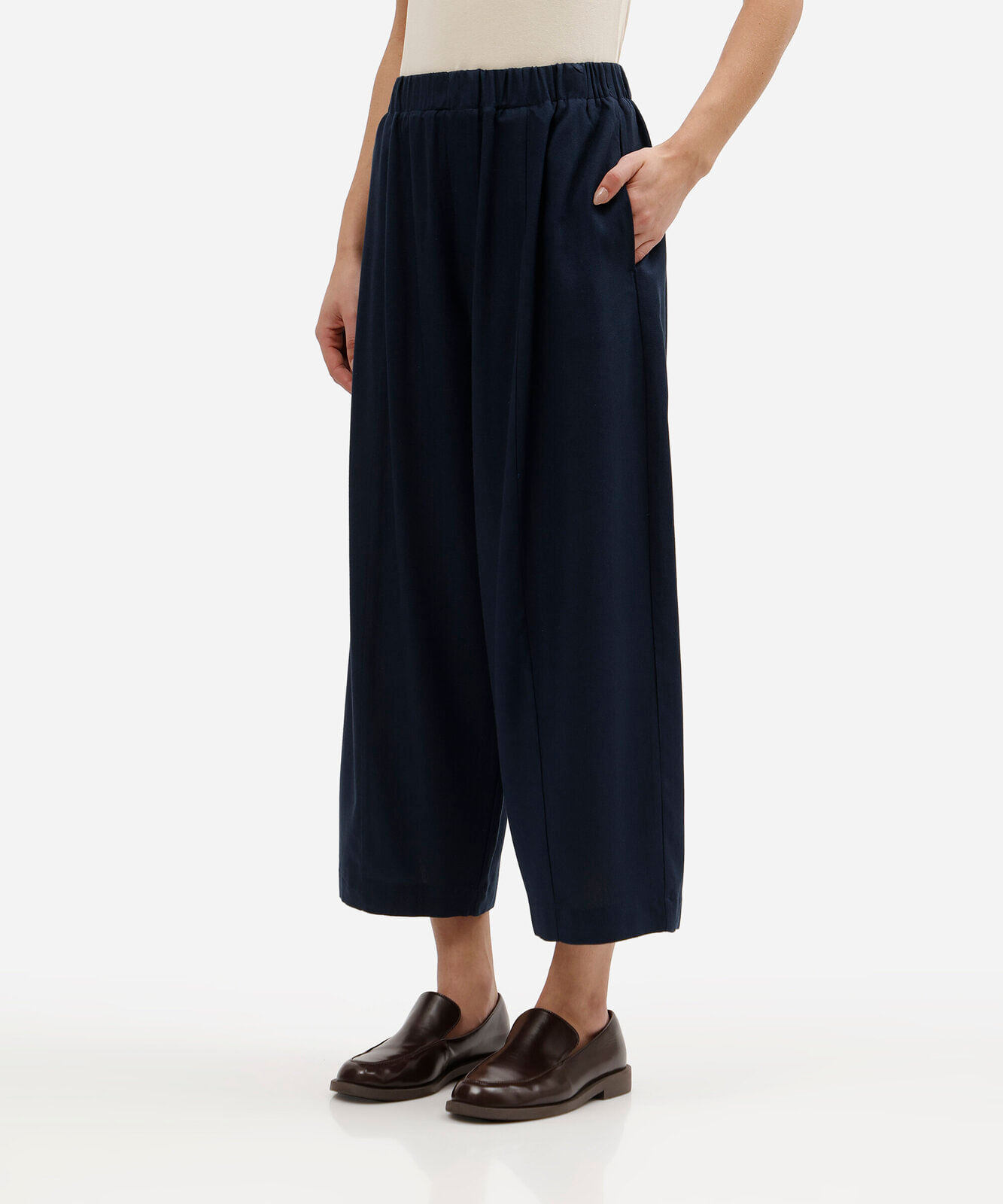 calça balloon feminina com linho cós elástico azul