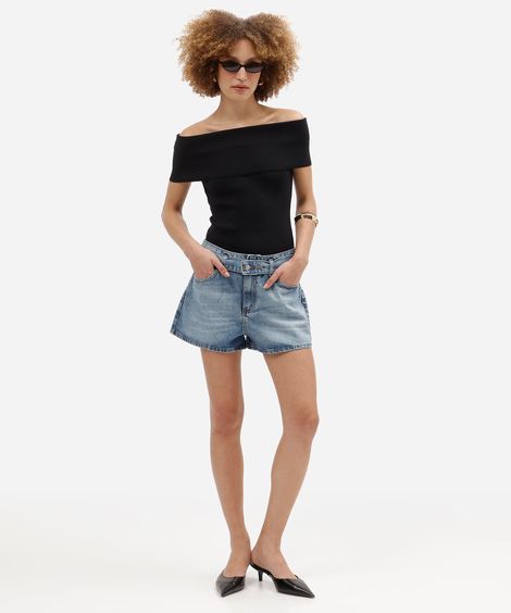 short boy feminino jeans cintura média com cinto azul