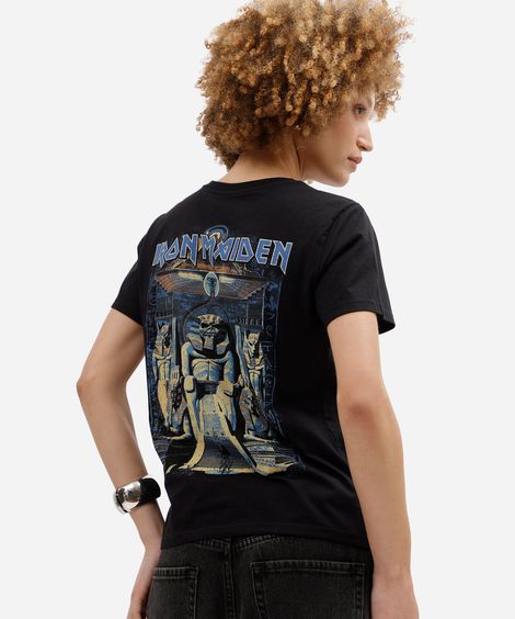 camiseta feminina de algodão manga curta iron maiden preta