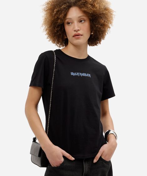 camiseta feminina de algodão manga curta iron maiden preta