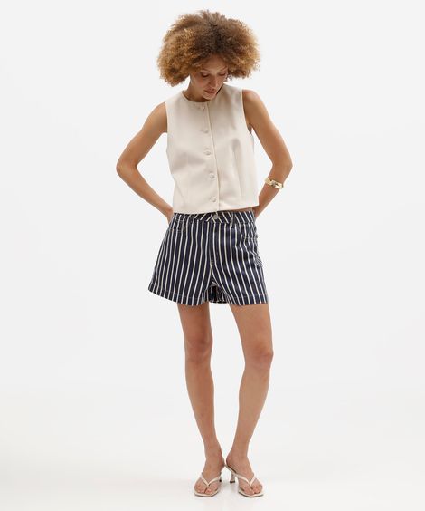 short mom feminino de sarja cintura alta listrado azul