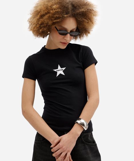 blusa baby look feminina de algodão manga curta estampada básica preta