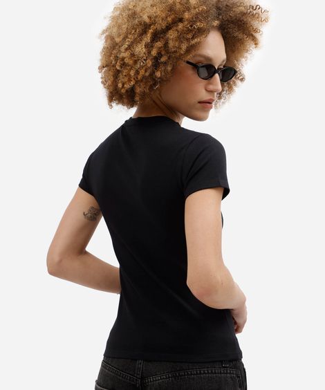 blusa baby look feminina de algodão manga curta estampada básica preta