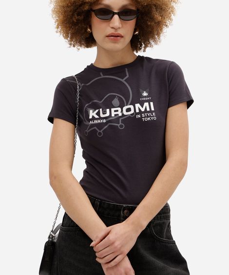 blusa baby look feminina de algodão manga curta kuromi cinza