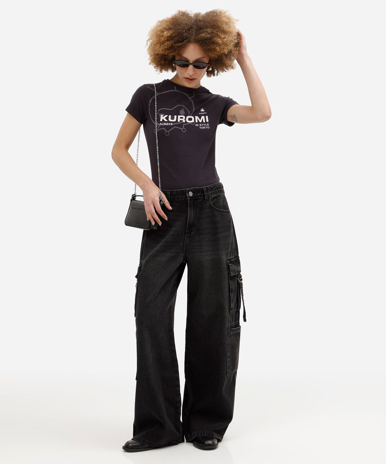 blusa baby look feminina de algodão manga curta kuromi cinza
