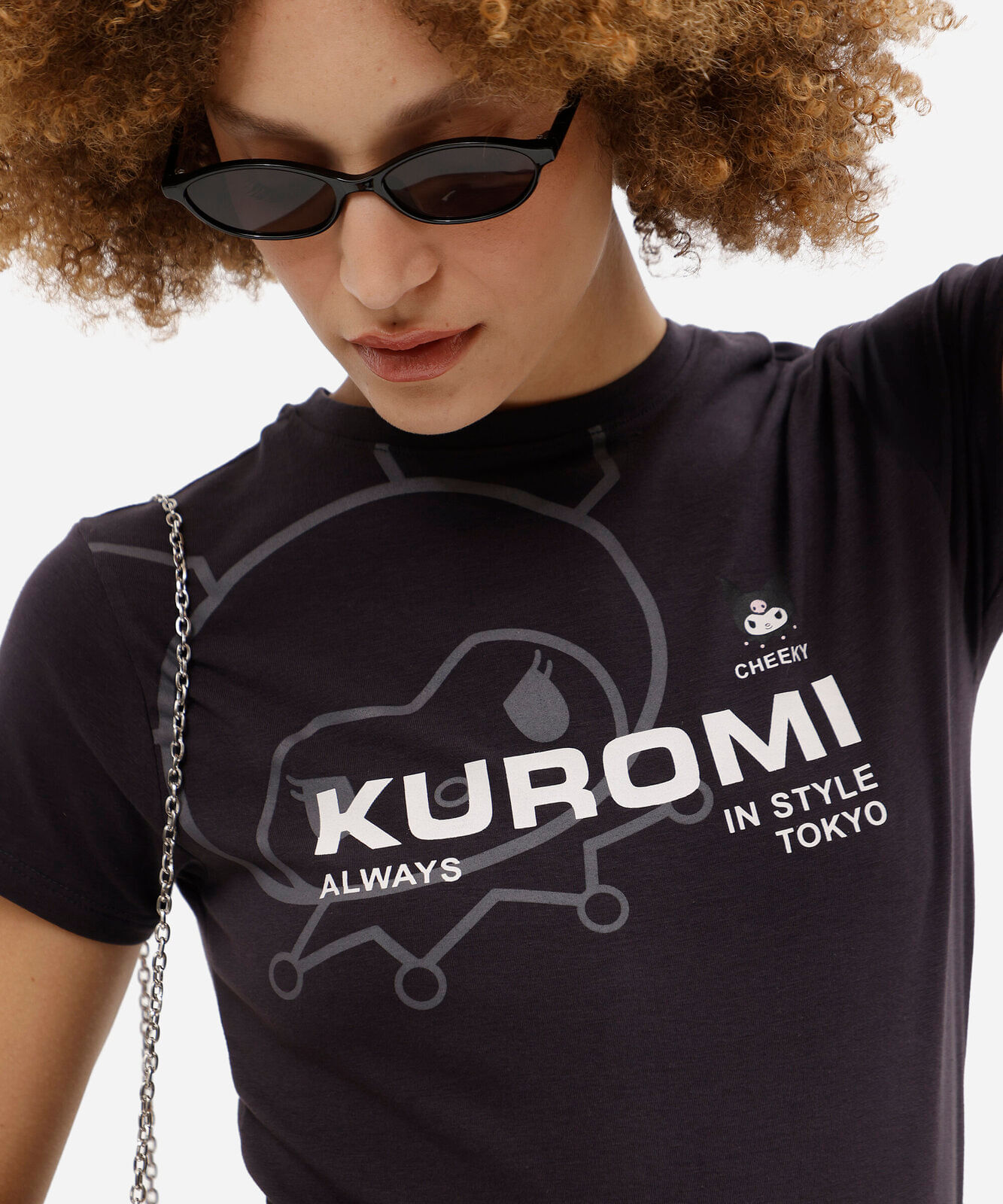 blusa baby look feminina de algodão manga curta kuromi cinza