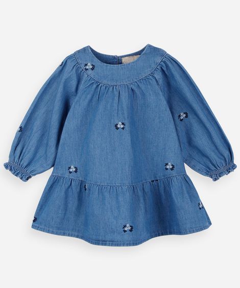 vestido infantil jeans manga longa com recorte floral azul