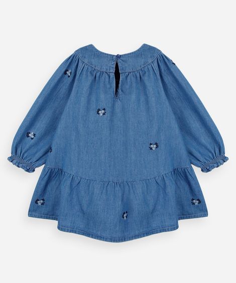 vestido infantil jeans manga longa com recorte floral azul