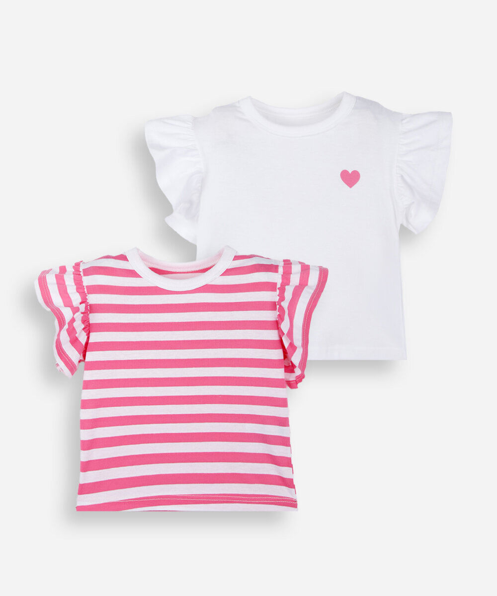 kit de 2 blusas infantil com algodão manga curta listrado colorido