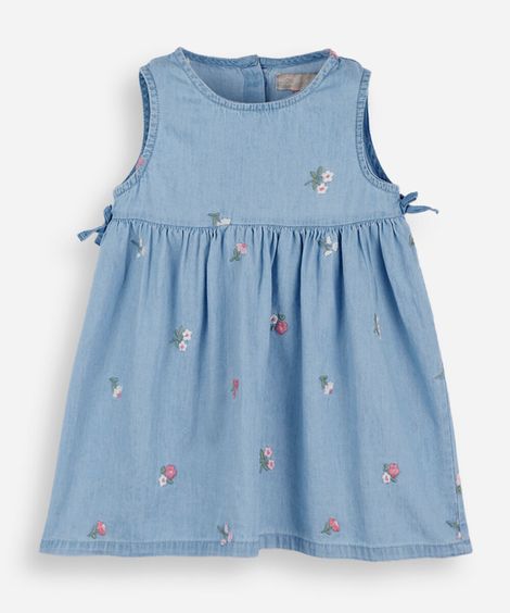 vestido infantil jeans floral azul