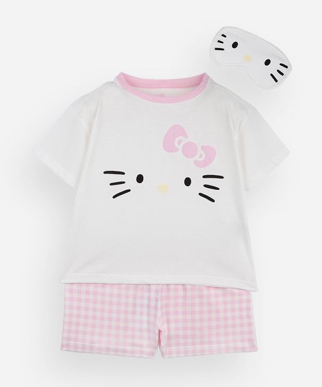 pijama curto infantil hello kitty xadrez com máscara off white