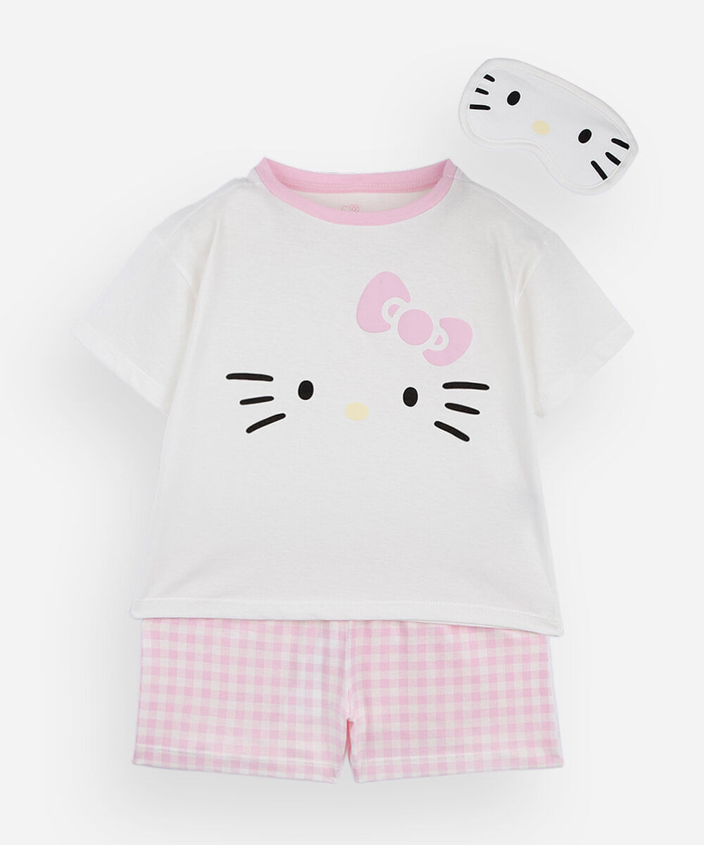 pijama curto infantil hello kitty xadrez com máscara off white