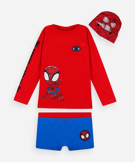 conjunto de praia infantil homem aranha com touca vermelho