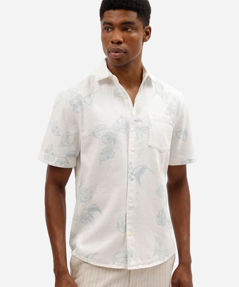 camisa masculina de algodão com bolso folhagens branca