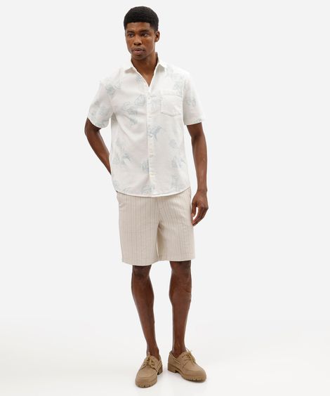 bermuda jogger masculina com linho listrada bege