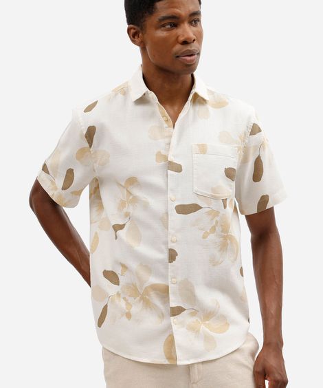 camisa masculina de algodão manga curta folhagens off white