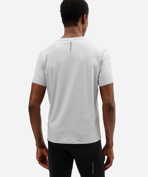 camiseta esportiva masculina de manga curta com detalhe refletivo cinza