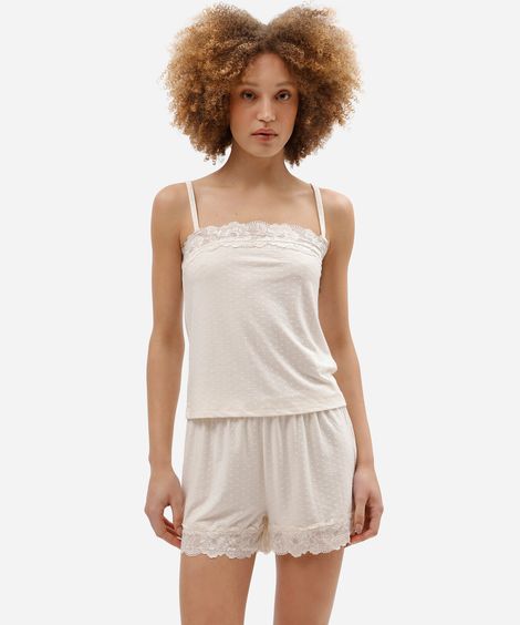 pijama short doll feminino com viscose texturizado bege