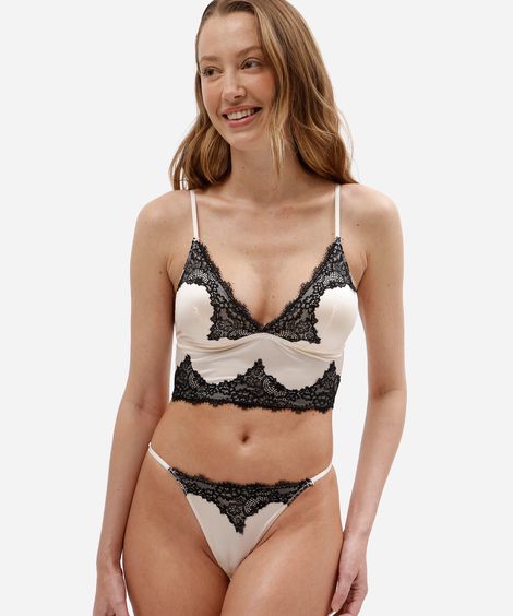 calcinha string de microfibra acetinada com renda bege