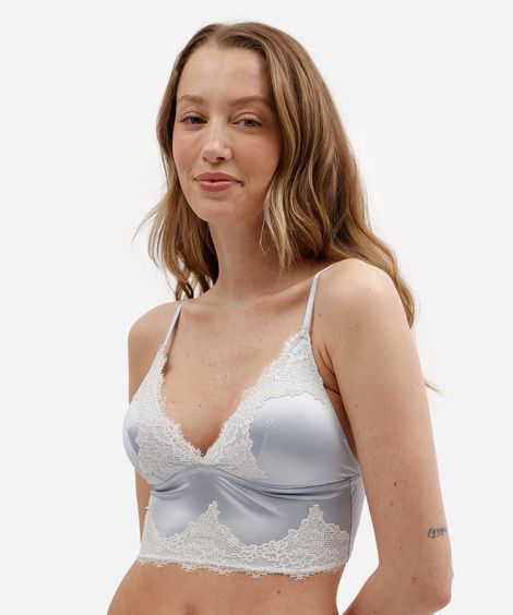 sutiã cropped triângulo feminino com renda acetinado azul