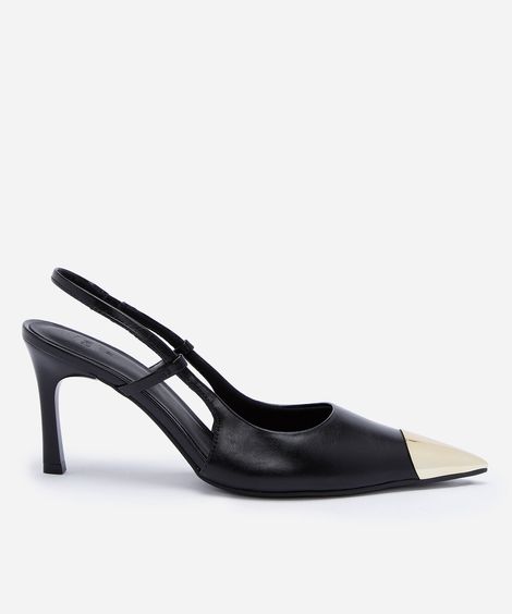 scarpin slingback de salto alto com biqueira metalizada preto