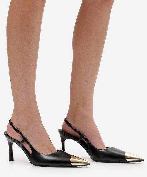 scarpin slingback de salto alto com biqueira metalizada preto