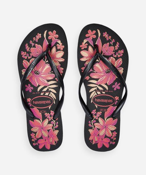 chinelo havaianas feminino slim floral preto