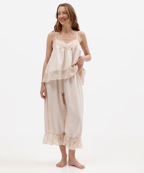 pijama longo feminino com renda texturizado bege