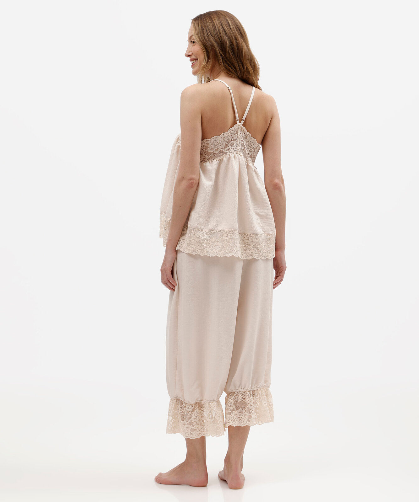 pijama longo feminino com renda texturizado bege