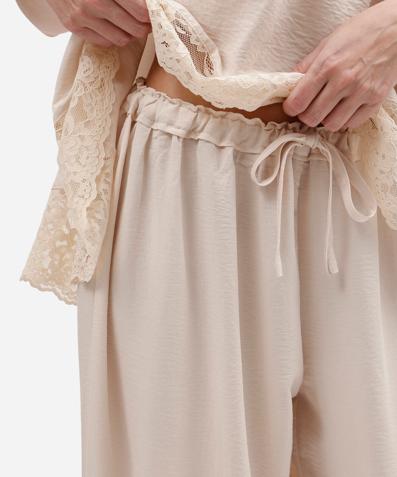 pijama longo feminino com renda texturizado bege