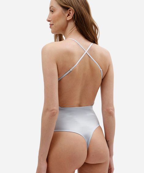 body feminino acetinado com renda e alças cruzadas azul