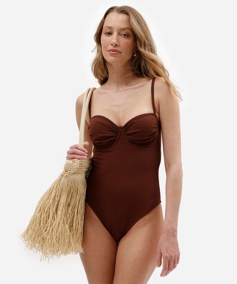 maiô balconet feminino franzido texturizado marrom