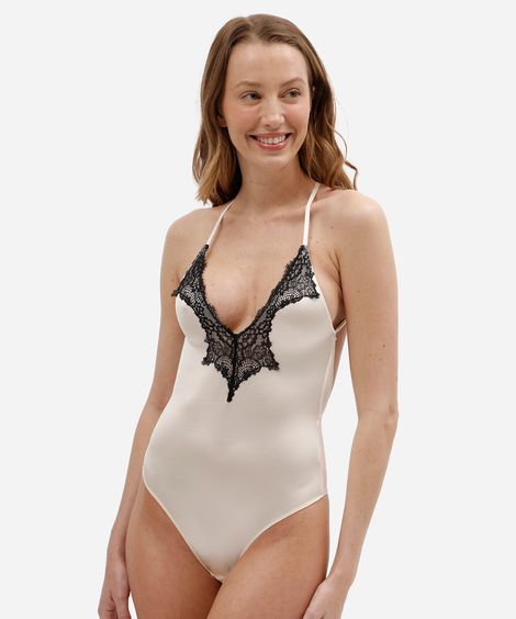 body feminino acetinado com renda e alças cruzadas bege