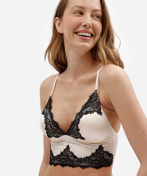 sutiã cropped triângulo feminino com renda acetinado bege