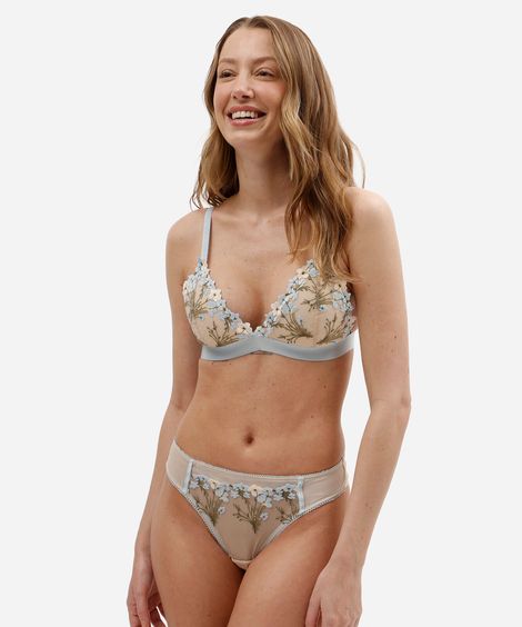 calcinha fio dental feminina de tule com bordado floral azul