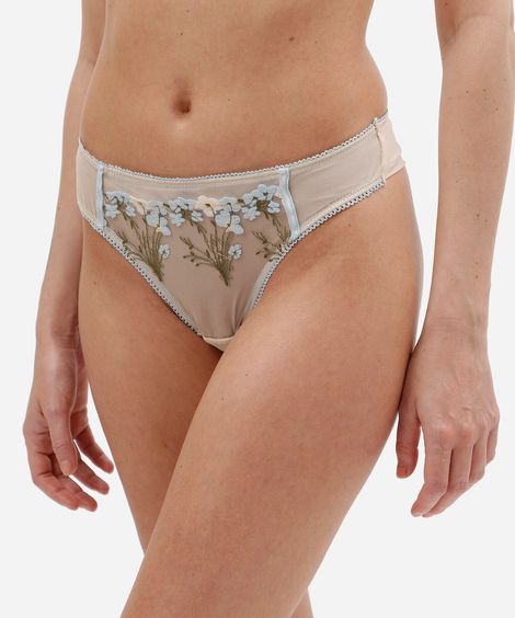 calcinha fio dental feminina de tule com bordado floral azul