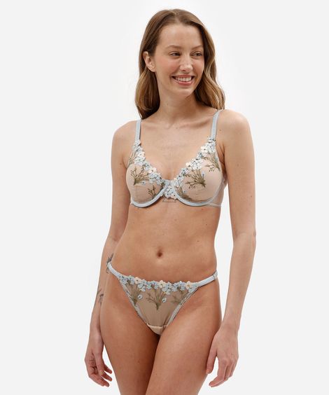 calcinha string fio dental feminina de tule com bordado floral azul