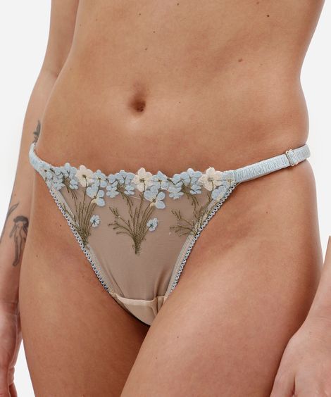 calcinha string fio dental feminina de tule com bordado floral azul