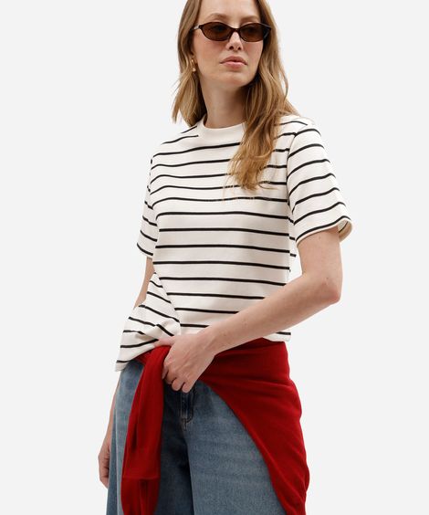 camiseta feminina de algodão peruano manga curta listrada básica branca
