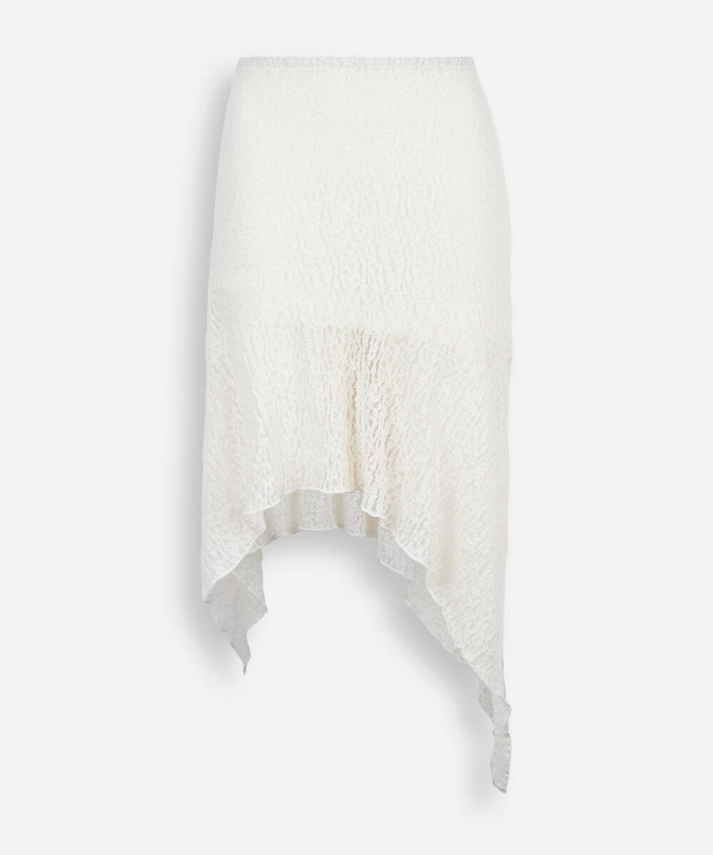 saia midi juvenil de renda assimétrica texturizada capricho off white
