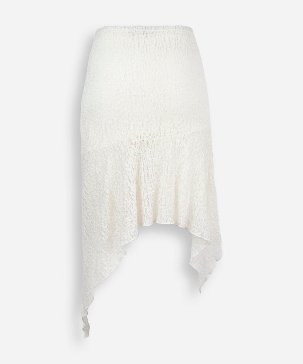 saia midi juvenil de renda assimétrica texturizada capricho off white