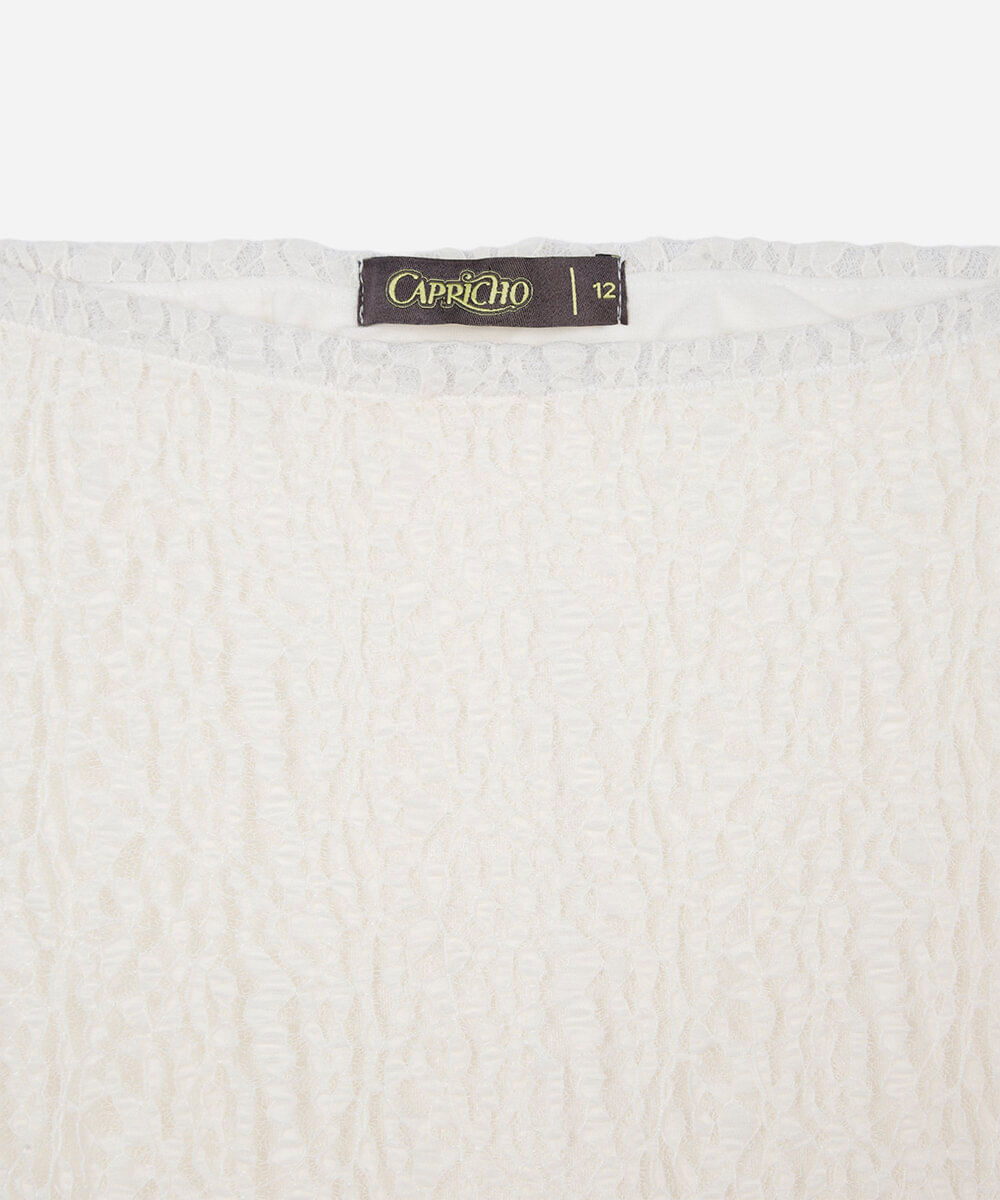 saia midi juvenil de renda assimétrica texturizada capricho off white